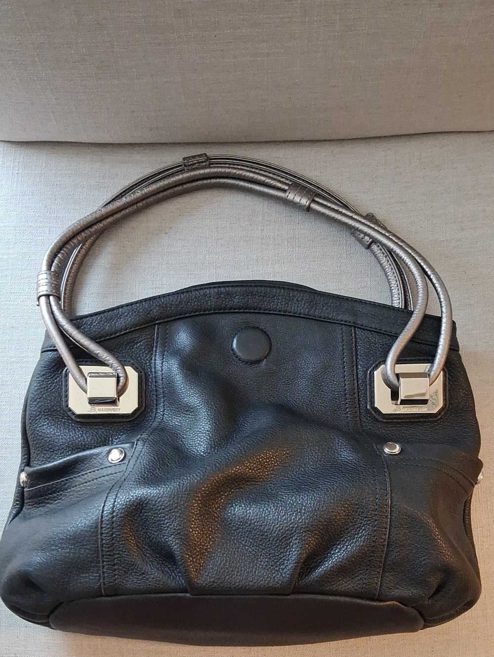 b. makowsky Black Leather Shoulder Bag with Silver Handles